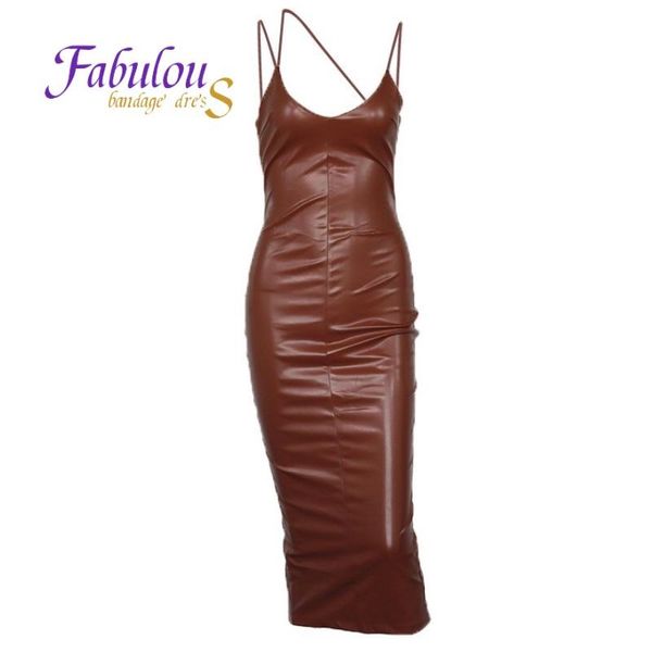 

casual dresses fabandage brown pu leather bodycon for women 2021 autumn winter party night club neck long wear pencil tight dress, Black;gray