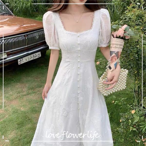 Verão Francês Vintage Vestido Branco Mulheres Chiffon Quadrado Collar Elegante Bordado Fada Vestido de Laço Coreano 210521