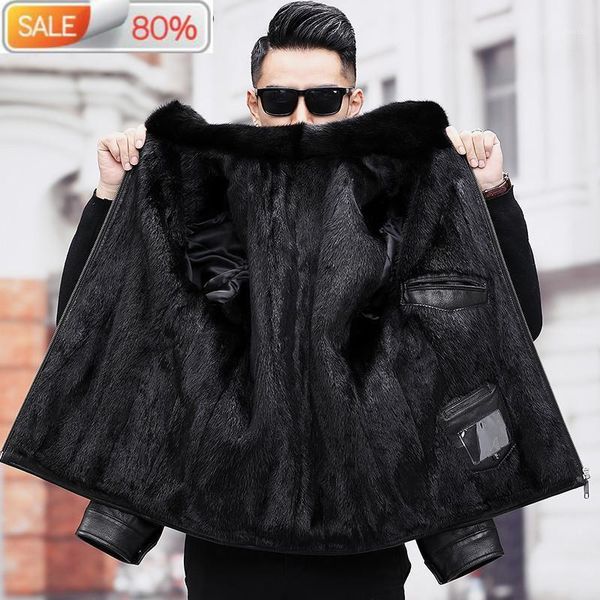 

men's leather & faux real fur coat winter genuine jacket men goatskin warm mens mink coats a19-17a57 b23a14, Black