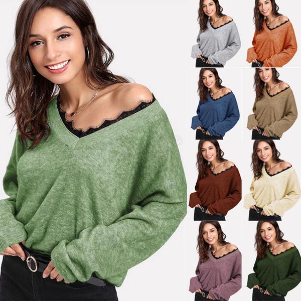 

women autumn knitted v-neck sweater pullover irregular long sleeve korean style sweaters lace winter casual loose, White;black