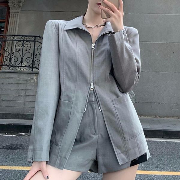 

women's tracksuits women suits vintage casual blazers zipper + high waist shorts fashion spring and autumn two piece sets vetement fem, Gray