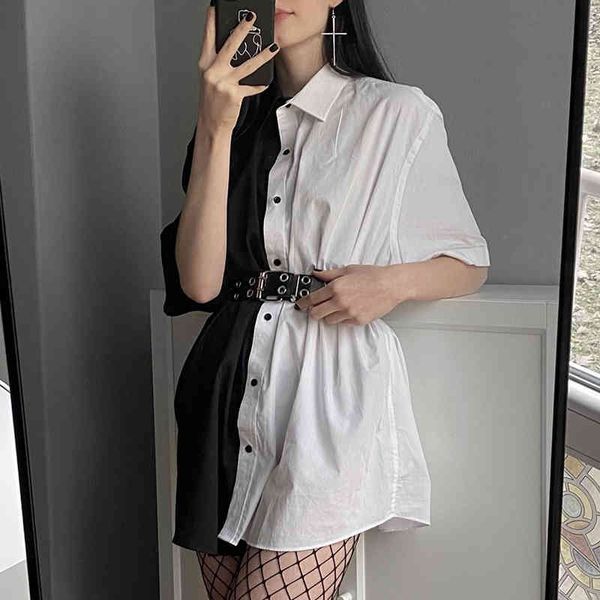 

suchcute patchwork women mini dress with button loose solid streetwear gothic short sleeve dresses modis women party outfits, Black;gray
