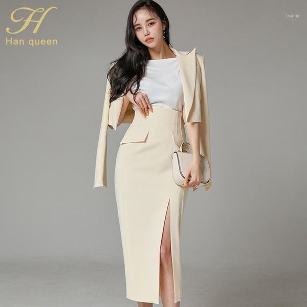 

han queen women ol work wear 3 pieces set bottoming shirt blazer & split sheath pencil bodycon skirt office lady suit two piece dress, White