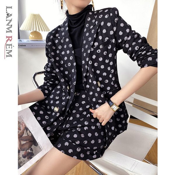 

spring long-sleeve dot pattern turn-down collar double-breasted blazer+short pants two piece suit for women 2a3164 210507, White;black