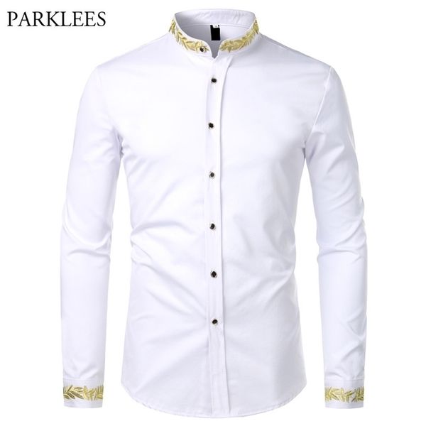 Ouro bordado branco camisa masculina marca gola dos homens vestido camisas casual magro manga longa chemise homme masculina 220216