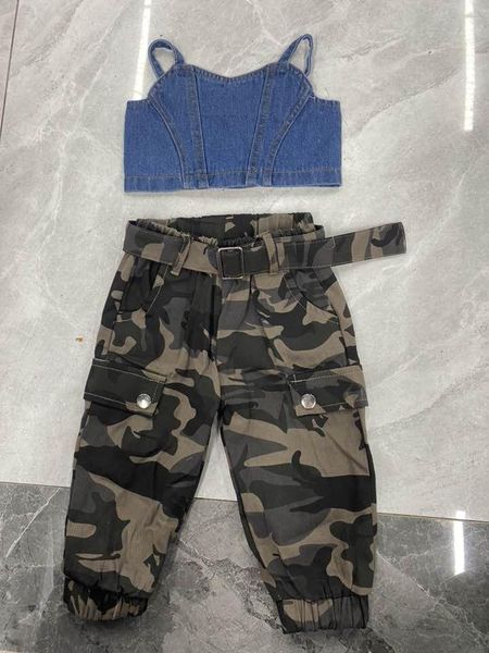

clothing sets emmababy toddler baby girl clothes 2pcs outfits summer casual button down denim crop tank camouflage pants set, White