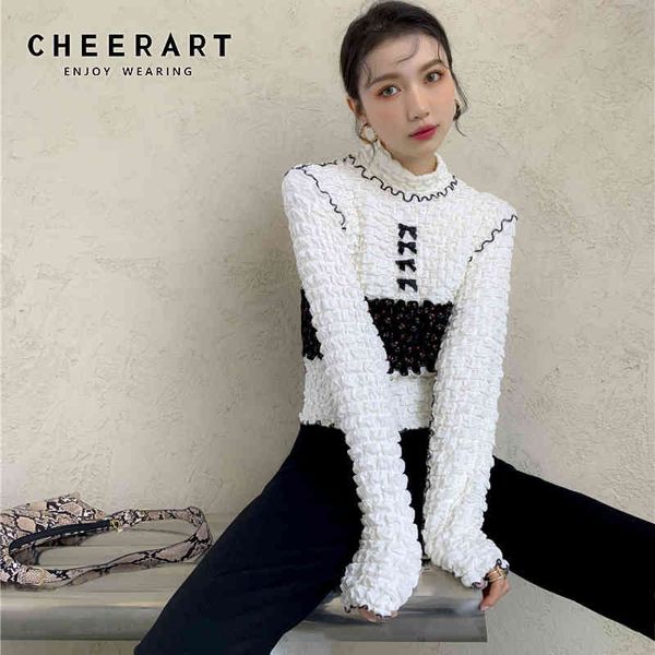 

fashion white turtleneck womens and blouses long sleeve patchwork bow texture designer ladies knitted 210427