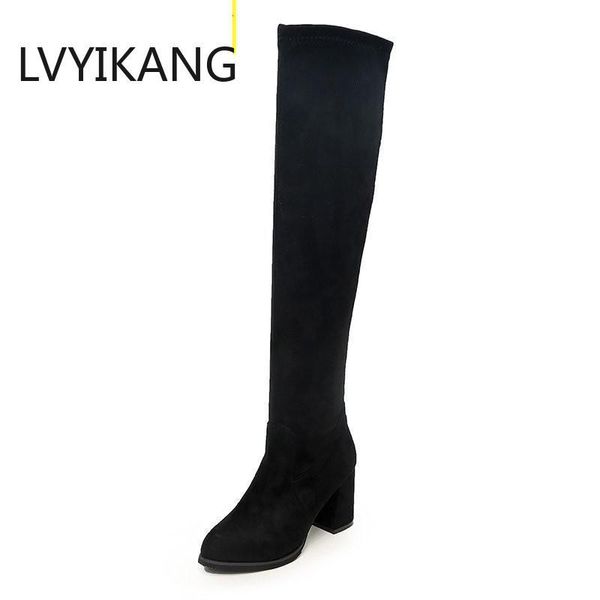 

boots fashion women boot suede over the knee lace up high heels shoes woman slim thigh 35-39, Black