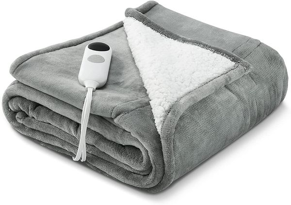 

flannel electric blanket heated throw,fast heating with 6 levels & 8 hours auto off, machine washable-grey 50" x 60"