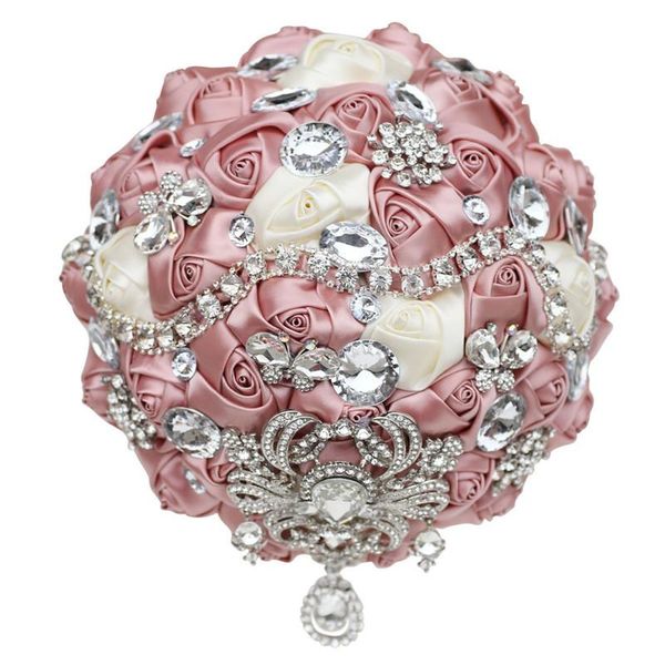 

wedding flowers 21cm nude pink brooch bride bouquet crystal pearl silk rose bridesmaid b07