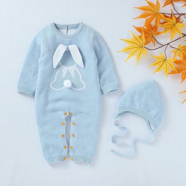 

2pcs newborn romper set baby girls boys winter warm knit outwear sweater jumpsuit cap hat infant baby warm sweater, Blue