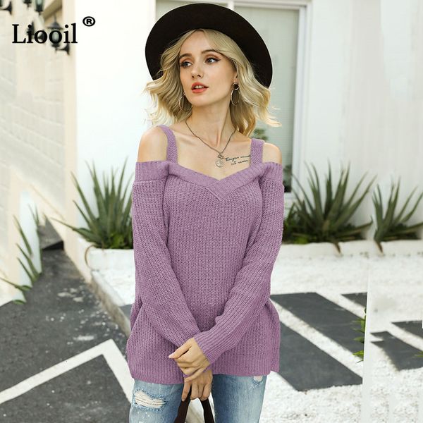 

knits casual off shoulder knit sweater women long sleeve spaghetti strap slash neck female autumn pullovers and jumpers, White