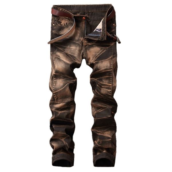 

fashion hole straight destroyed moto jeans brand slim casual ripped homme retro mens denim trousers cotton 210716, Blue