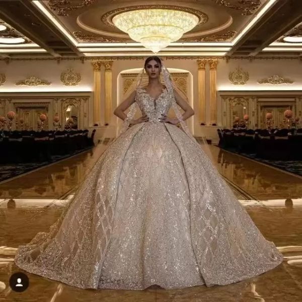 

luxury champagne 2022 ball gown wedding dress v neck lace appliqued crystal beading vestido de novia plus size bridal gowns, White