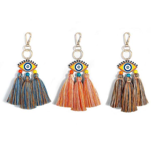 

keychains kc00062 zwpon multicolor cotton tassel key chain for women colorful enamel evil eye ring bag hanging gift car party jewelry, Silver