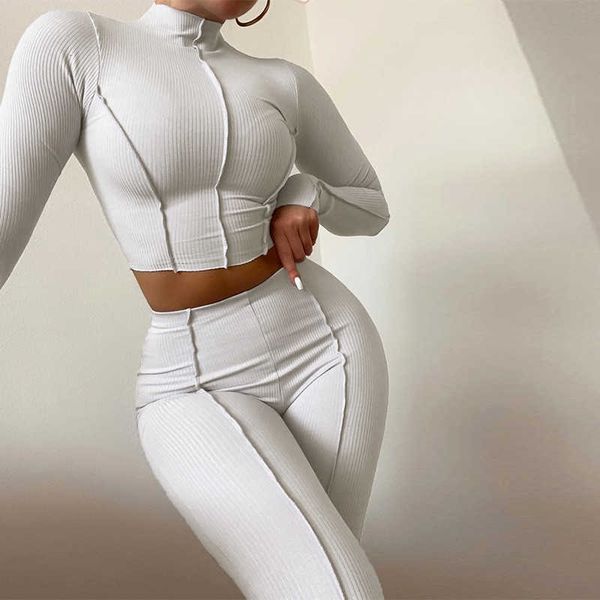 

summer autumn casual ribbed sporty two piece sets suits women tracksuit fashion (long sleeve shirts+pencil pants) matching set 210625, White