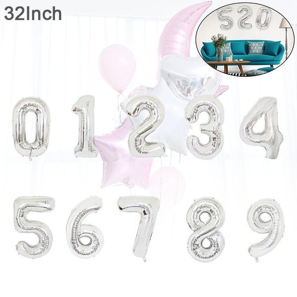 

portable 1pcs 32 inch aluminum foil silvery number digital balloon birthday party decoration