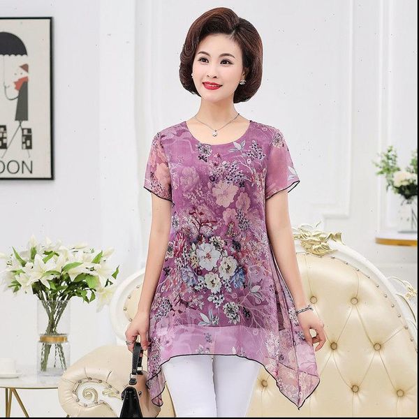 

women shirt summer middle aaged fashion casual short sleeve blouse female flower print loose plus size 4xl w23, White
