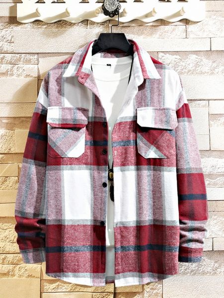 

men 1pc plaid print flap pocket drop shoulder overcoat i8ac#, Black;brown