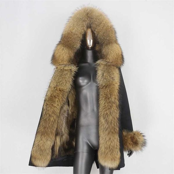 CXFS Long добавить передний мех и манжеты съемные парку зимняя куртка женский капюшон настоящий натуральный енотный мех толщиной теплой верхней одежды 211129