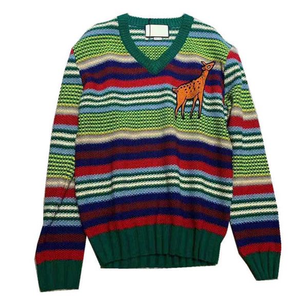 

perhaps u rainbow striped sweater knitted v-neck pullovers long sleeve giraffe embroidery loose autumn m0221 210529, White