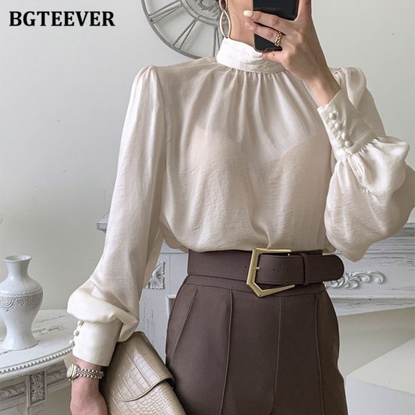 

knits new vintage lantern sleeve blouses women stand collar loose female shirts 2021 spring ladies blusas 28qi, White