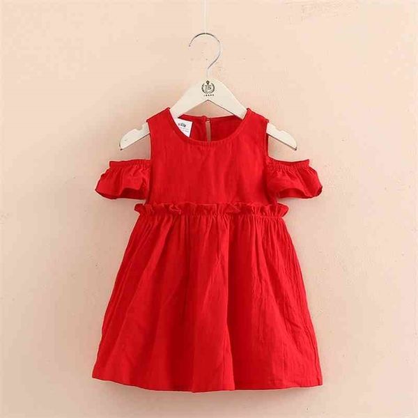 

summer 2 3 4 6 8 10 years children solid red cotton short sleeve wrap off shoulder strapless dress for girl kids 210701, Red;yellow