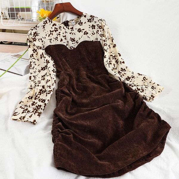 

casual dresses fierce corduroy draw string short of french retro floral female temperament splicing show thin to winter, Black;gray