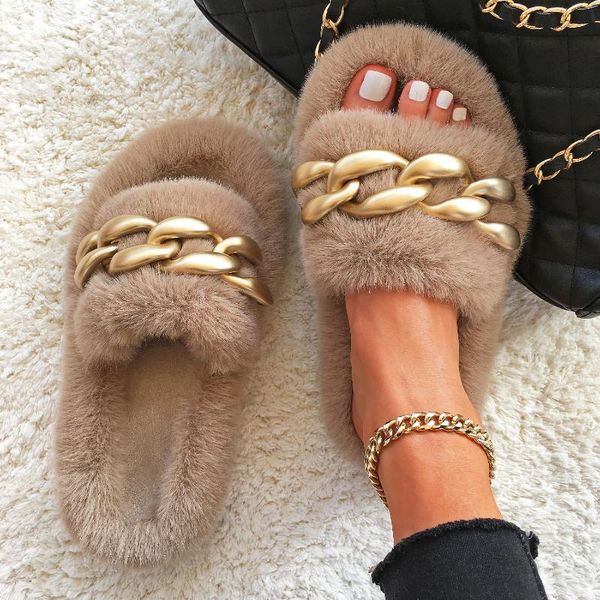 

slippers furry fur slides plush gold chain fluffy flip flops luxury faux slip on flats women fashion home shoes, Black