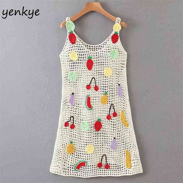 Multicolor Fruit Appliques Crochet Dress Mulheres Sem Mangas V Neck A-Linha Mini Sexy Feminino Tanque Verão Praia LJPZ9282 210514