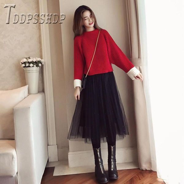 

two piece dress 2021 autumn winter women sets sweater and skirt female, White