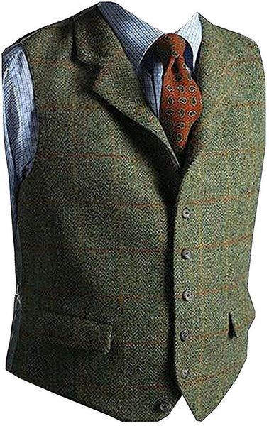 

men's vests green vest tweed wool waistcoat slim fit lapel plaid suit herringbone tuxedo 2021, Black;white