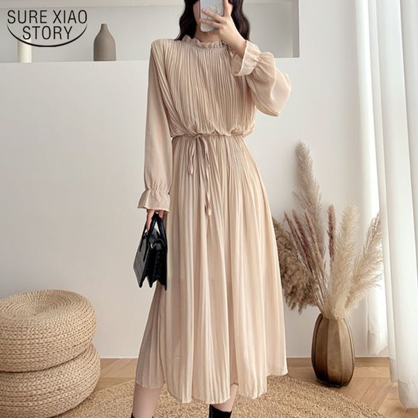 Stile coreano Plus Size abito in chiffon pieghettato donna elegante primavera autunno lungo allentato vita alta cintura abiti 12536 210508
