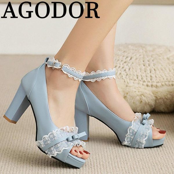 

dress shoes agodor 2021 cute women peep toe block heel pumps ankle strap all match lace high heels platform, Black