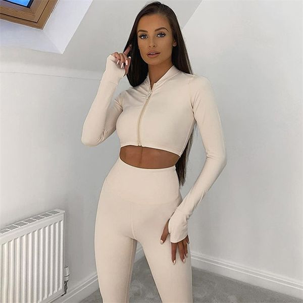 

winter women 2 two piece set long sleeve crop tshirt leggings pants set bodycon sport fitness tracksuit 210709, White