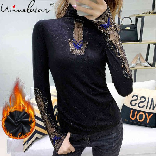 

women's t-shirt fall winter european clothes chic patchwork shiny diamonds butterfly ropa mujer cotton with fleece tees t0080, White