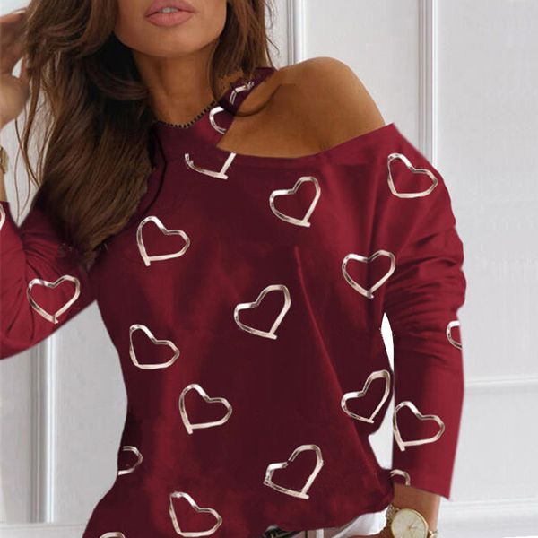 

t shirt women heart print halter long sleeve t-shirt autumn fashion off shoulder chic female casual slim streetwear blusas 5okq 0pcw, White