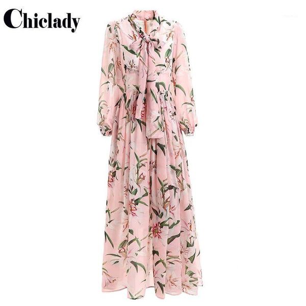 

runway designer celebrity maxi dress women pink lily flower printed bow collar lace up high waist party holiday dresses casual, Black;gray