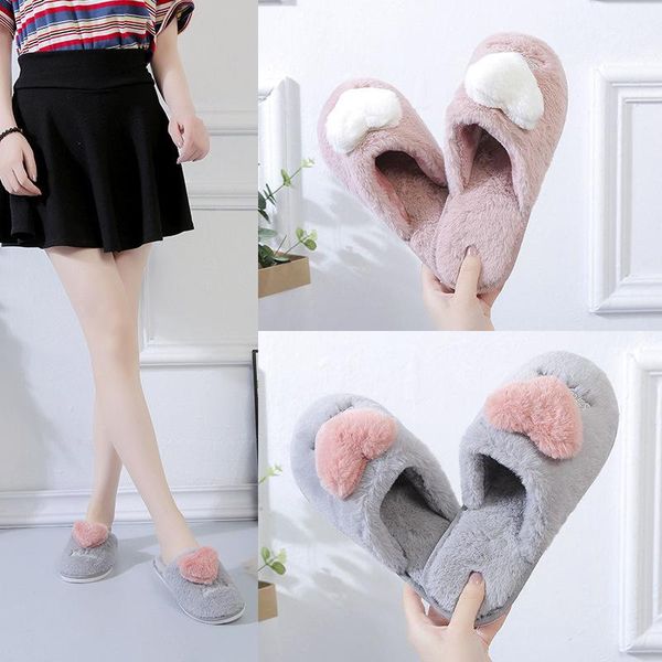

plush slipper women's autumn and winter household warm plus velvet heart flat anti-slip indoor cotton slippers, Black