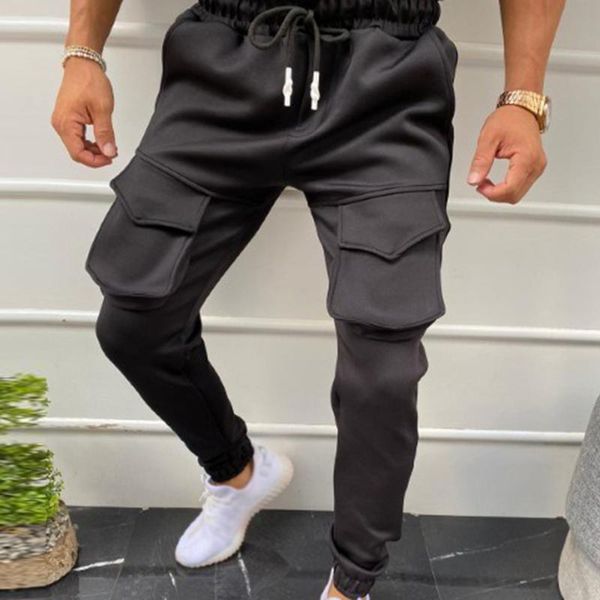 

men's casual pants slim pocket trousers jogging sports fitness sweatpants fit, Black