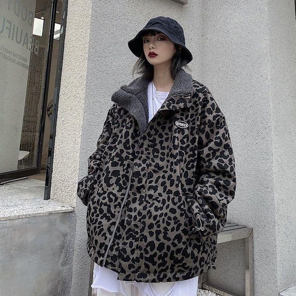 

women's down & parkas imitation lamb cashmere padded jackets women double-sided leopard print streetwear female winter hong-kong style, Black