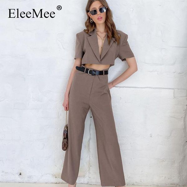 

women's two piece pants eleemee 2021 summer blazer and set short sleeve tailored collar wide leg solid color office sets size s-l, White