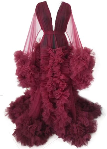 

2021 tulle evening dresses pregnant women p robes long sleeves ruffles see thru custom made a-line formal event party dress vestidos, Black;red