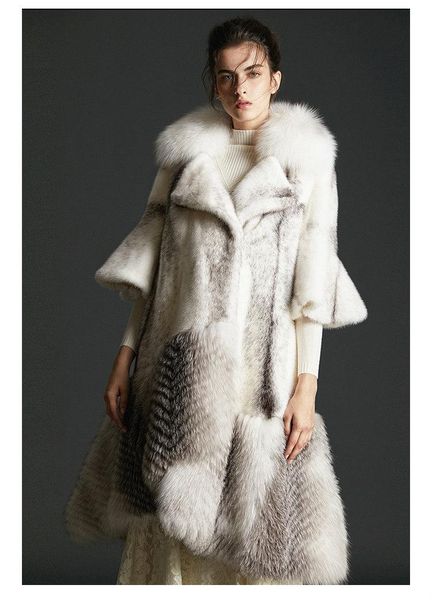 

women's fur & faux arlenesain custom 2021 design three color mink patchwork women coat, Black