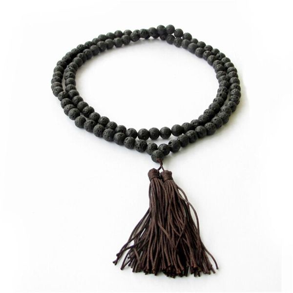 

beaded, strands natural black volcanic rock bead 108 prayer mala brown tassel long bracelet or necklace yoga meditation jewelry whole