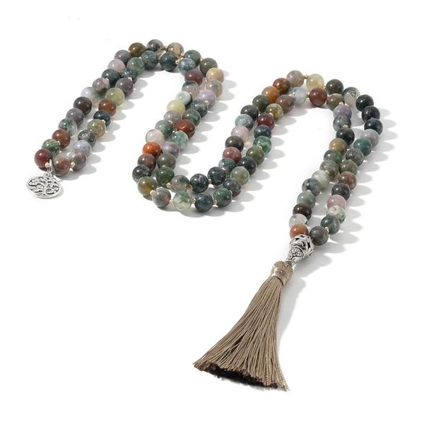 

pendant necklaces shinus boho 108 mala beads 8mm agate tree of life longtassel knotted prayer meditation strand jewelry, Silver
