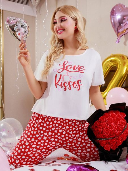 

plus heart & letter graphic tee & pants pj set z71w#, Black;white