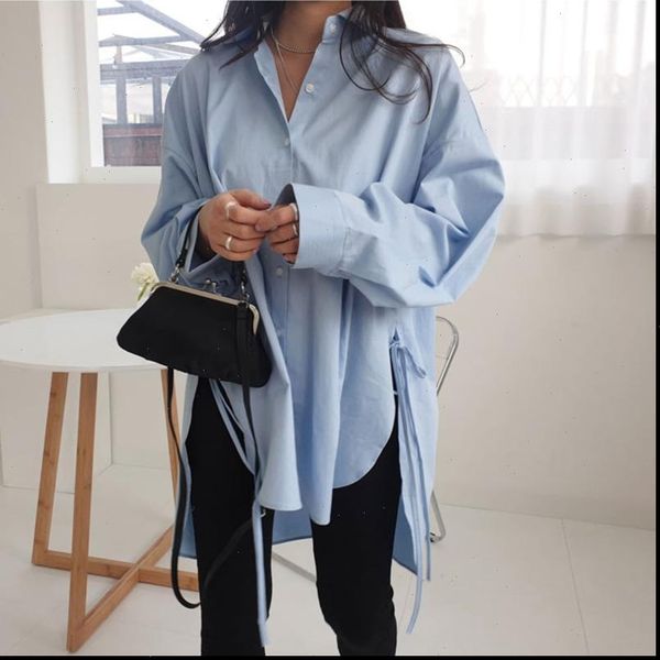 

[ewq] womens blouses spring sweet turn down collar long sleeve and side split plus size ladies shirt qx82200, White