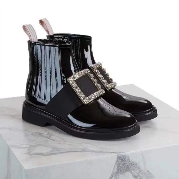 

boots martin autumn and winter square buckle rhinestone short boots female elastic flat handsome motorcycle boot, Black