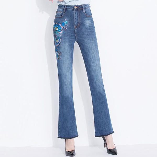 

women's jeans autumn winter casual women embroidered bleached thick fleece flare denim trousers , woman embroidery high waisted pants, Blue
